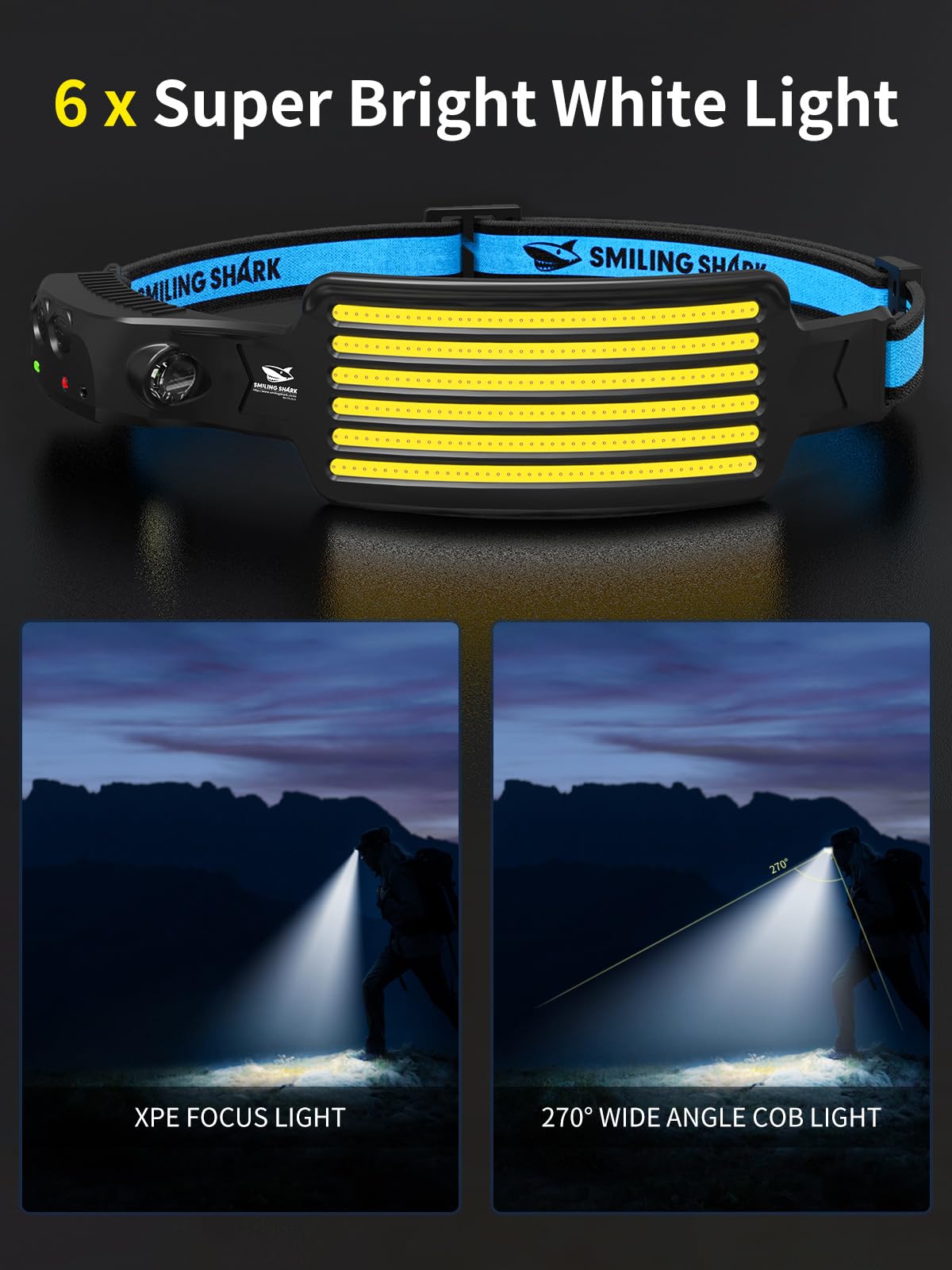 Smiling Shark Rechargeable Headlamp, 3 Pack Wide Angle 6*White Light The Brightest LED Head Lamp with Motion Sensor Waterproof Headlight for Camping Hiking Outdoor, Head-Light-LED-Lamp-Rechargeable