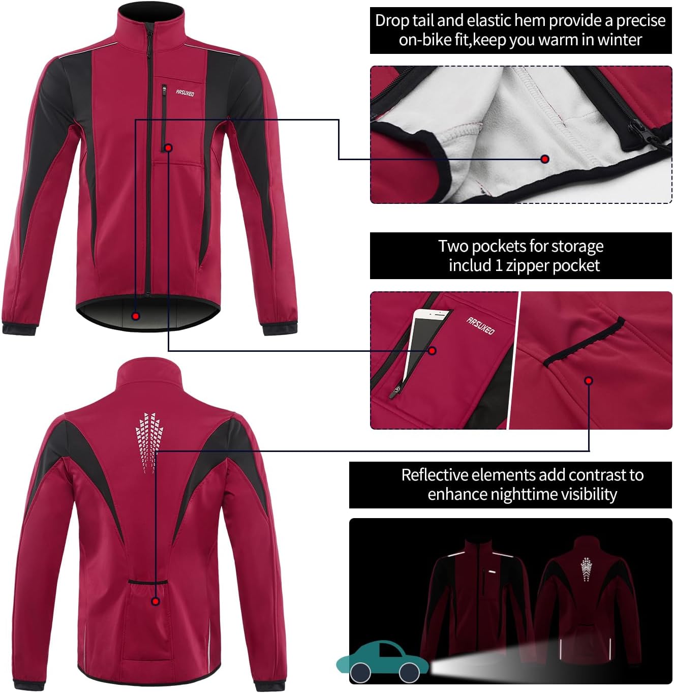 ARSUXEO Winter Warm UP Thermal Softshell Cycling Jacket Windproof Waterproof 15-k