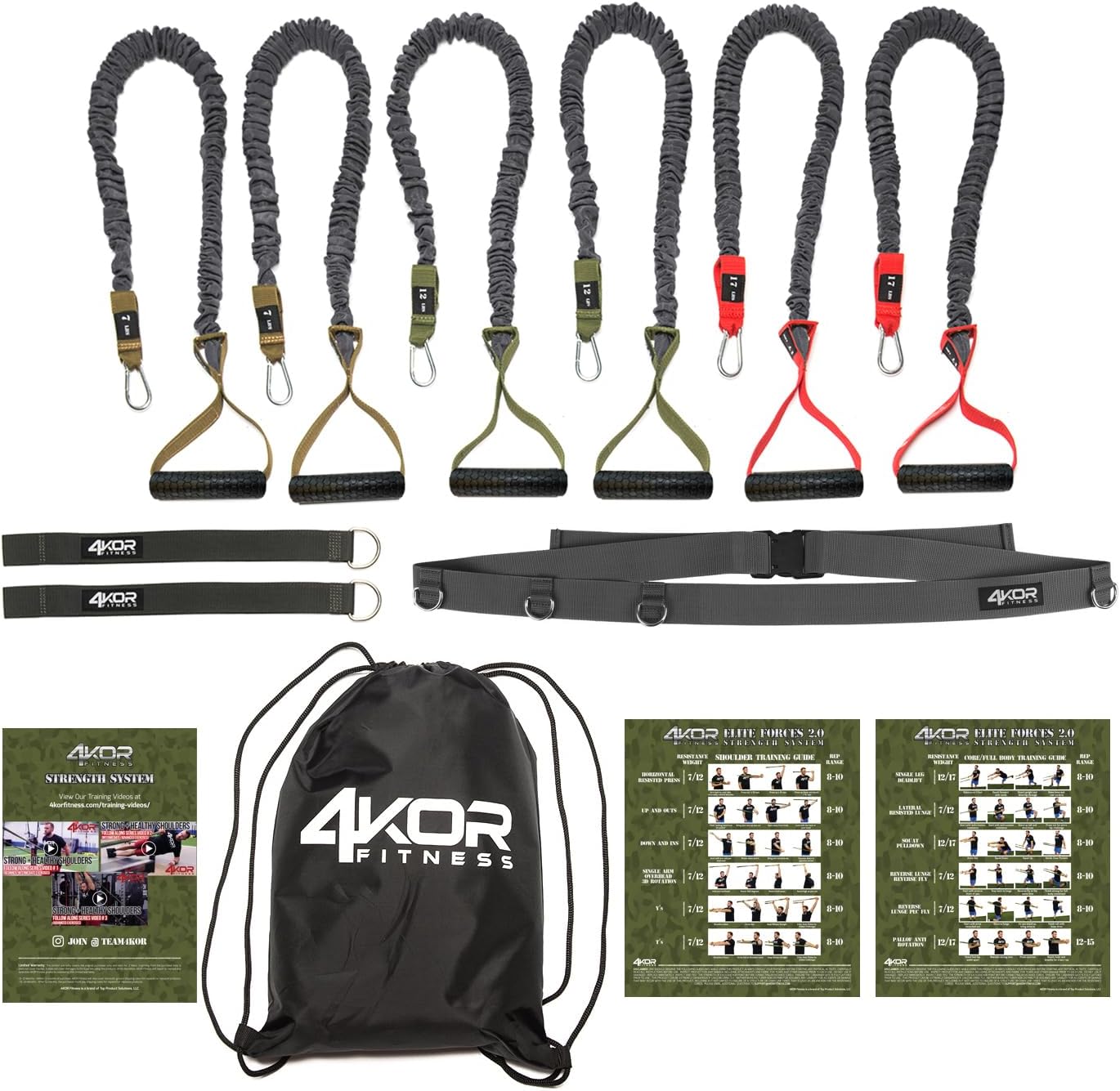 4KOR Cross Anchor Shoulder Performance Training System. Resistance Cords with Handles and Dynamic Workout Guide. Exercise Bands with Nylon Sleeves, Rubber Grips, and Carry Bag for Rehab and Strength