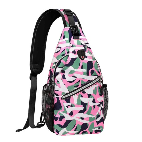 MOSISO Crossbody Sling Backpack, Portable Travel Hiking Daypack Chest Sling Bag Casual Daypack One Strap Chest Backpack for Women Men Outdoor Hiking Travel, Pink Camouflage Graffiti