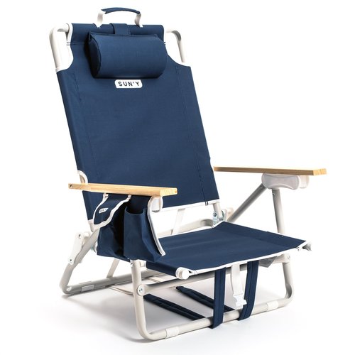 SUN'Y Escapes Backpack Beach Chair - Made w/Ocean Bound Plastics, Customizable w/MOLLE Accessories, Ultra Lightweight, Low-Seat Natural Comfort, Durable, Rust Free & Waterproof - Nautical Navy