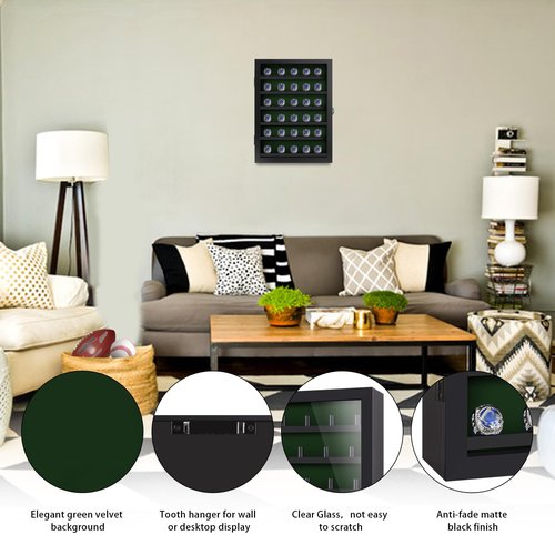 Grintus Ring Display Case - 30 Posts Baseball, Wooden Shadow Box, Lockable Door, Multiple Sports Rings, Black