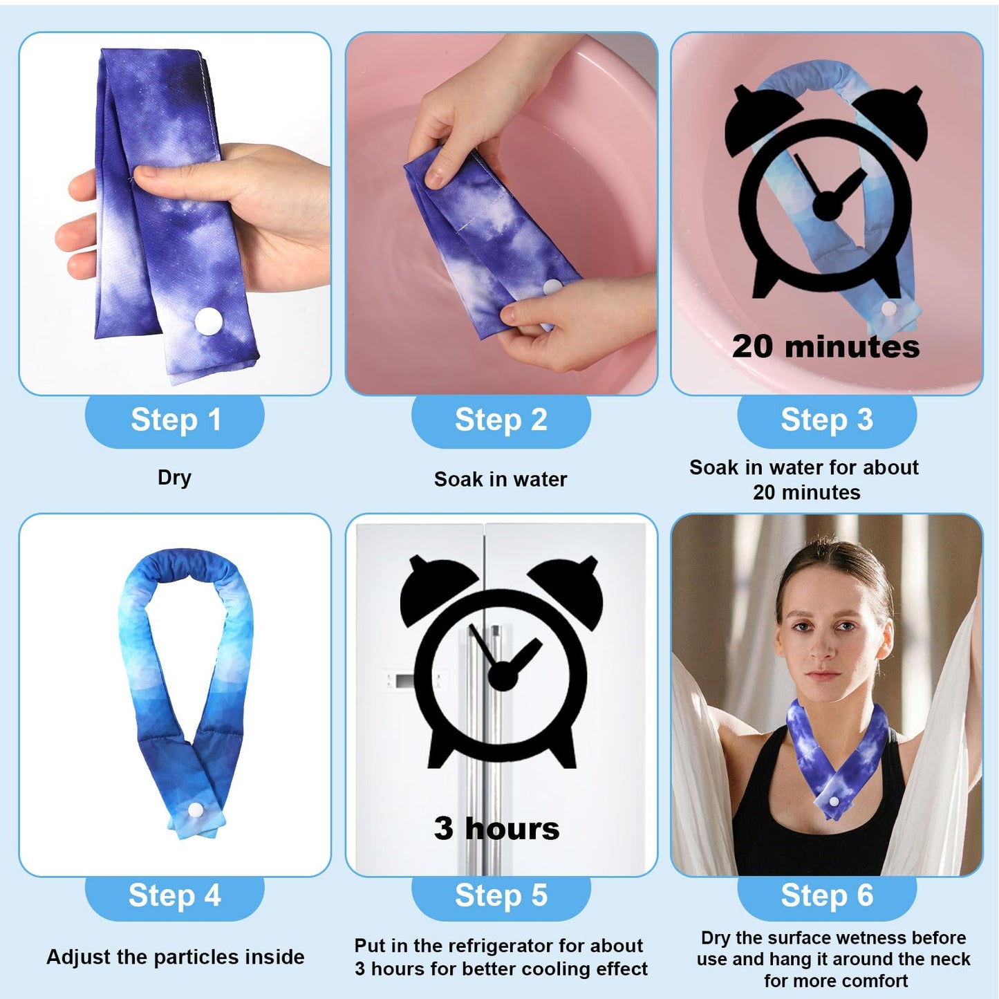 6pcs Cooling Neck Wraps, 24.8x1.97in Neck Cooler Bandanna with Button Neck Cooling Ice Pack Cool Scarf Neck Wrap for Walking Riding Outdoor Hot weather (Tie dye)