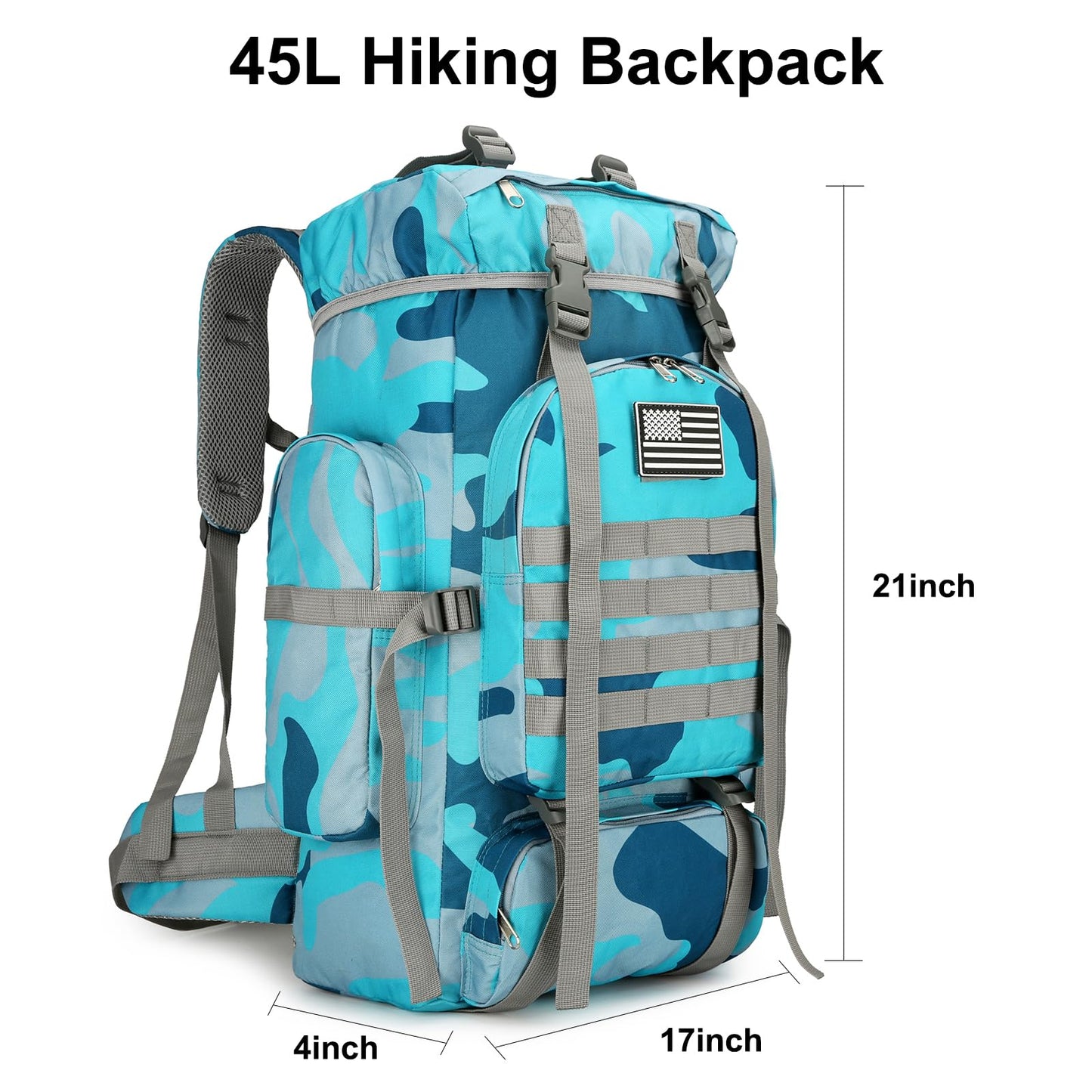 W WINTMING 45L Hiking Backpack Camping Rucksack Molle Military Backpack for Outdoor Traveling (BlueMix)