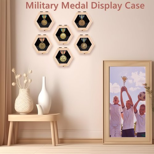 BiJun Wooden Hexagon Medal Hanger Display Case,Shadow Box for Medals Race Medal Display for Sports Medals, Track & Field,Races, Running, Marathons (3pc)