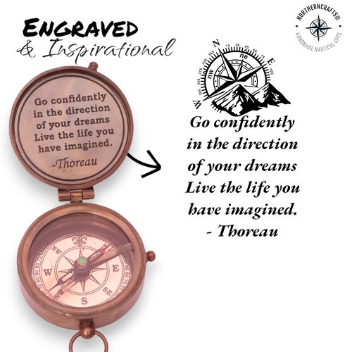 Thoreau's Go Confidently Brass Engraved Compass for Graduation, Confirmation Day, Baptism, New Year Gift, Birthday, Anniversary, Communion Religous Compass for Women Mens Boy Gift Leather case Compass