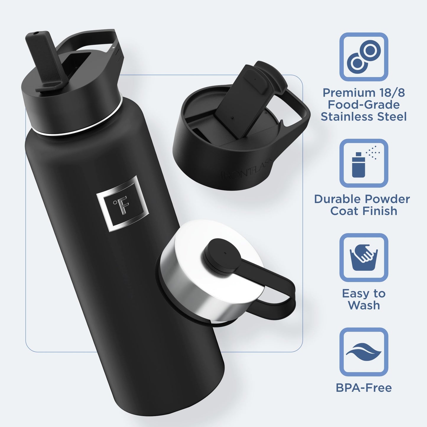 IRON °FLASK Camping & Hiking Hydration Flask with 3 Lids - Stainless Steel, Double Walled & Vacuum Insulated Water Bottle - Leak Proof & BPA Free (Sand, Straw - 40 oz)