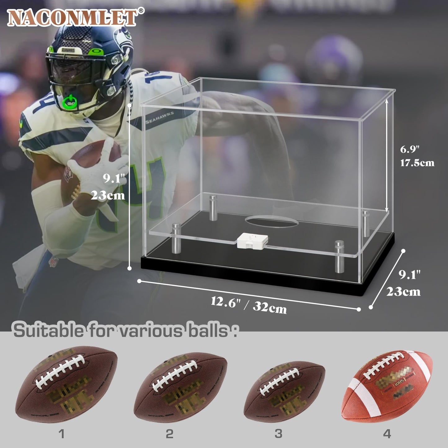 Football Display Case with LED Light-Clear Full Size Football Case Display,UV Protected Memorabilia Holder, for Football Fans & Collectors, Sports Collectibles