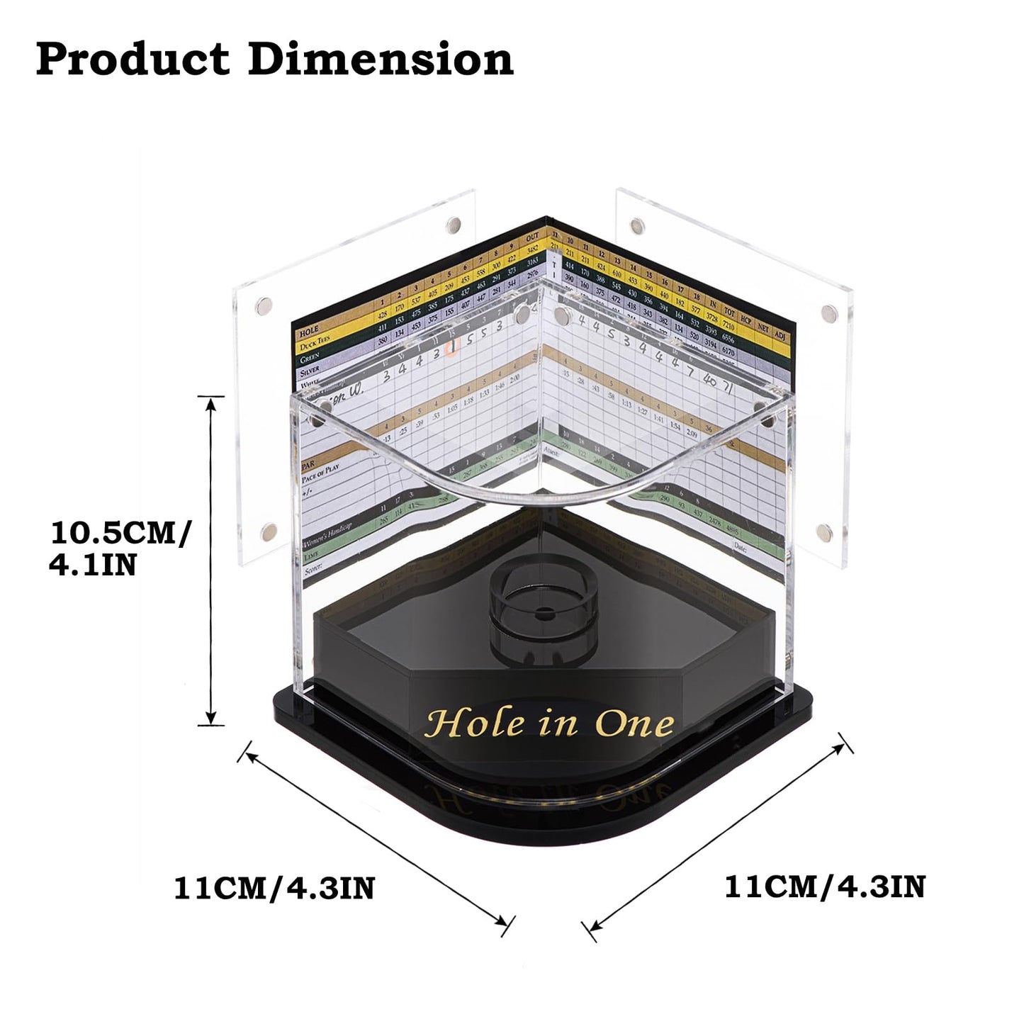 Golf Ball Display Case for Hole-in-One Golfer. Black Ball Throne with Golden Stamp. 2X Background Frames on Each Side of Cambered Cover. Pencil Holder, Glue Dots are All Included, No Assembly