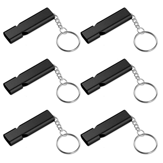 AOZUO 6PCS Emergency Whistles, Loud 120dB Double Tube Whistle Aluminum Alloy Safety Whistle Survival Whistles with Keychain for Outdoor Camping Hiking Hunting Boating Backpacking(Black)