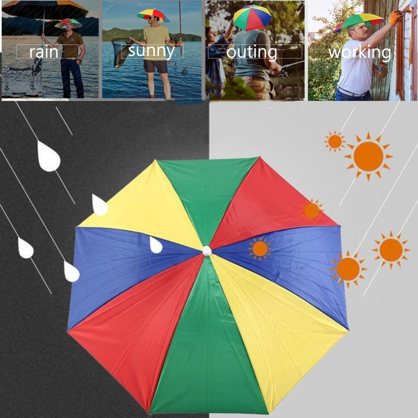 3 Pack Umbrella Hat for Adult, 26" Diameter Rainbow Sports Head Umbrella Hats for Women Men, Folding Waterproof Fishing Headwear for Outdoor Party Beach Hiking