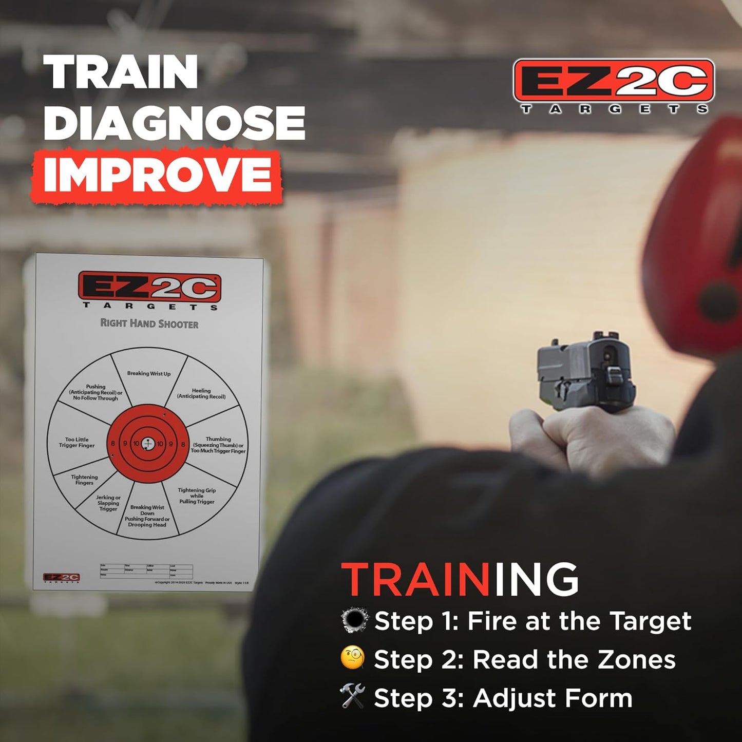 USA Made EZ2C Right Hand/Left Hand Shooting Range Diagnostic Training Paper Target 11"x17" Tear-Off Pad of 25