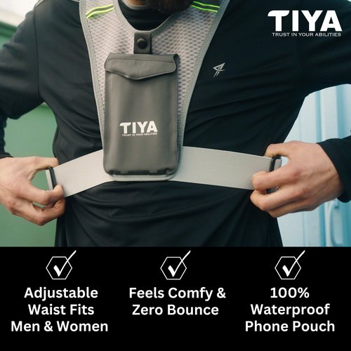 TIYA Reflective Running Vest with Waterproof Phone Holder, No-Bounce, Ultra-Light Run, Hike, Walking, Bike Vest Waistpack – Unisex Runners Accessory for Men & Women - Grey