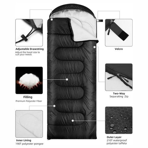 Black Sleeping Bags for Adults Backpacking Lightweight Waterproof- Cold Weather Sleeping Bag for Warm Camping Hiking Outdoor Travel Hunting with Camping Sleeping Bag (Black1, 86 x 31.5inches)