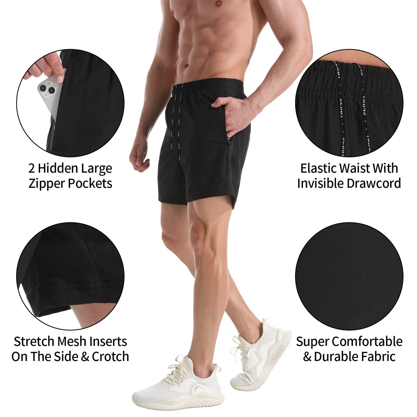 VPOS Gym Shorts for Men 5 Inch - Lightweight Mens Athletic Shorts Quick Dry Workout Running Shorts with Zipper Pockets (Black, Large)
