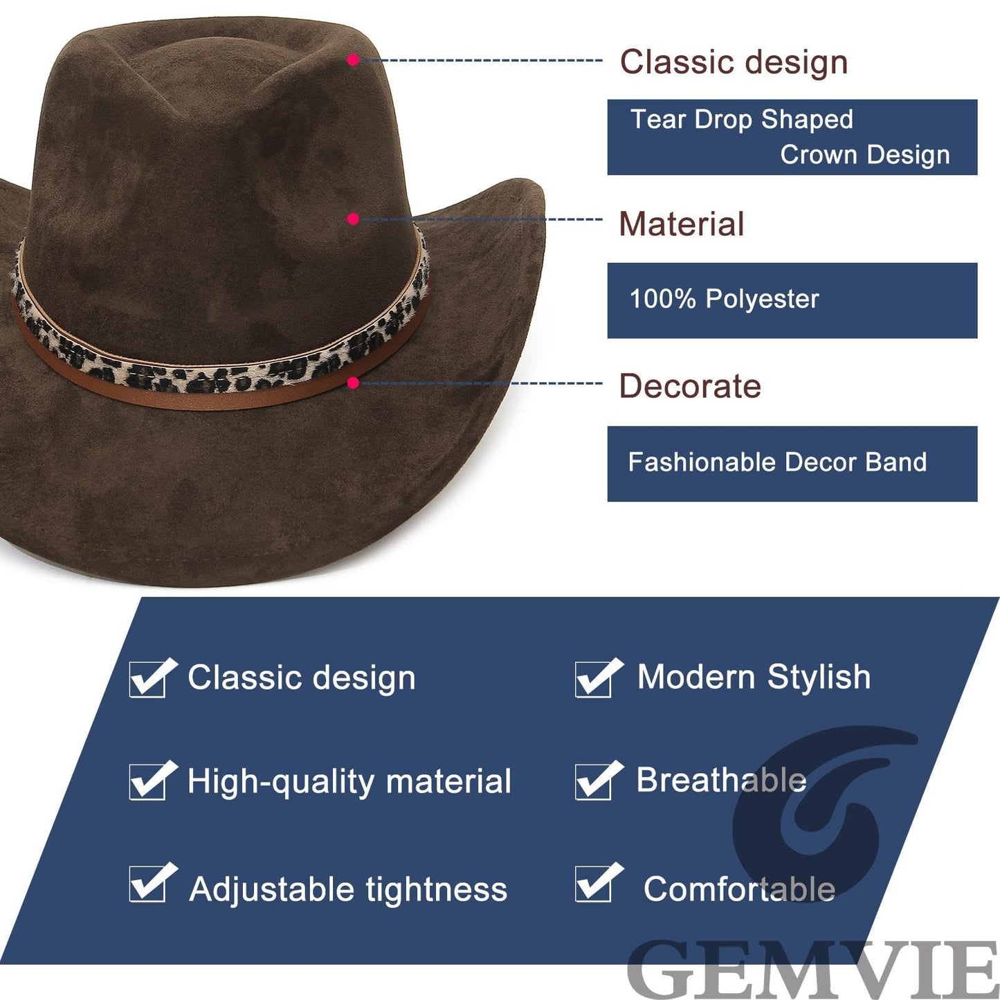 GEMVIE Suede Cowboy Hat for Men Women Roll up Brim Cowgirl Hat Classic Country Fedora Hat/Leopard Print-2
