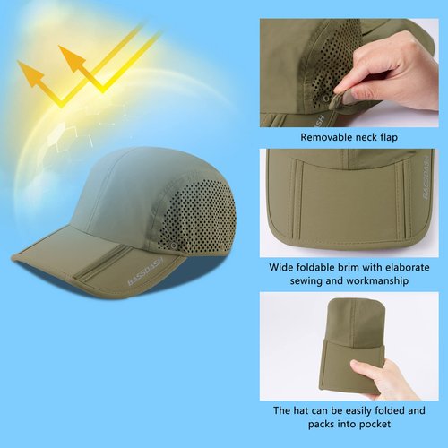 BASSDASH UPF 50+ Foldable Fishing Hat Baseball Cap with Removable Neck Flap Portable for Men Women Golf Hiking