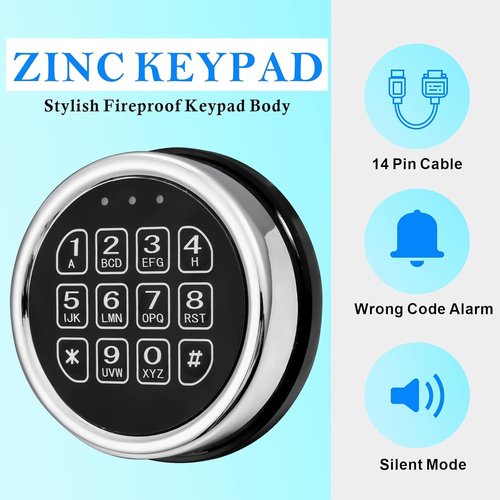 Electronic Gun Safe Lock Replacement, Zinc Alloy Keypad Gun Safe Lock with Solenoid Access,14 Ribbon Cable Motherboard & Reset Button Lock Set Chrome