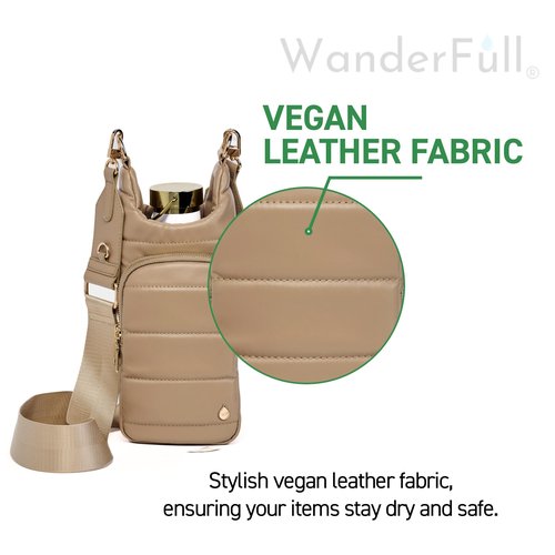 WanderFull® Original HydroBag® Vegan Leather, Fits Up to 32 oz Water Bottle Holder w/ 2 Straps, Hands-Free Crossbody Water Bottle Carrier Bag with Phone Pocket, Tumbler Accessories - Taupe