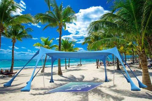 XUDEJUN Beach Canopy Beach Tent with Beach Blanket（Turtle Pattern,Camping Sun Shelter UPF50+ with 8 Stability Poles/Carry Bag/Ground Pegs/Sand Shovel Portable Outdoor Shade Beach Canopy