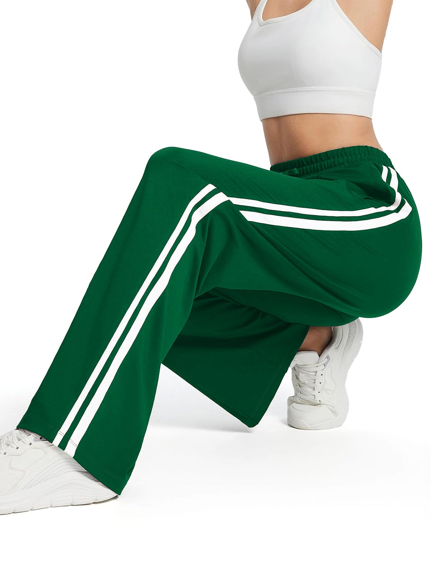 Tapata Women 30" Inseam Warm Up Track Pants Wide Leg Baggy Sweatpants Lightweight Side Stripe Ladies Slacks Workout, Green, L