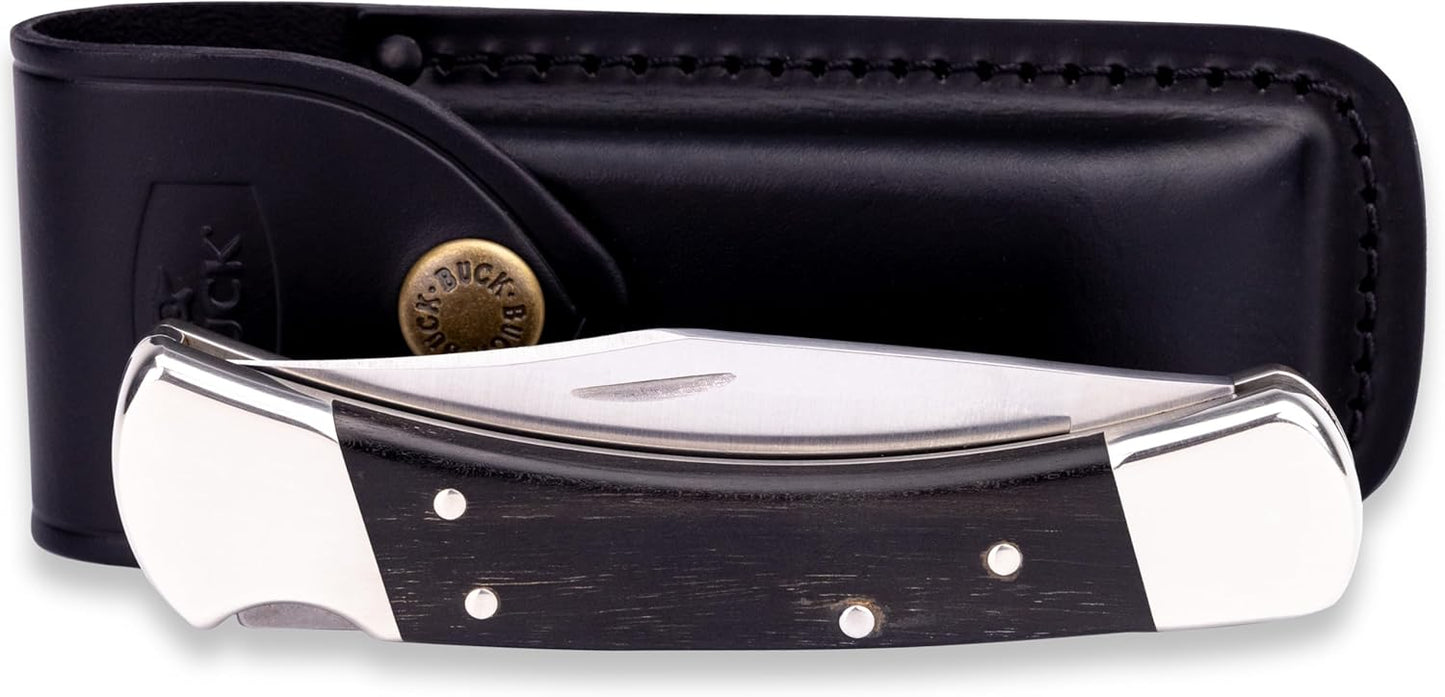 Buck Knives 110 Folding Hunter Lock-back Knife, Brass Bolsters, Ebony Handles, 3-3/4" 420HC Blade with Leather Sheath