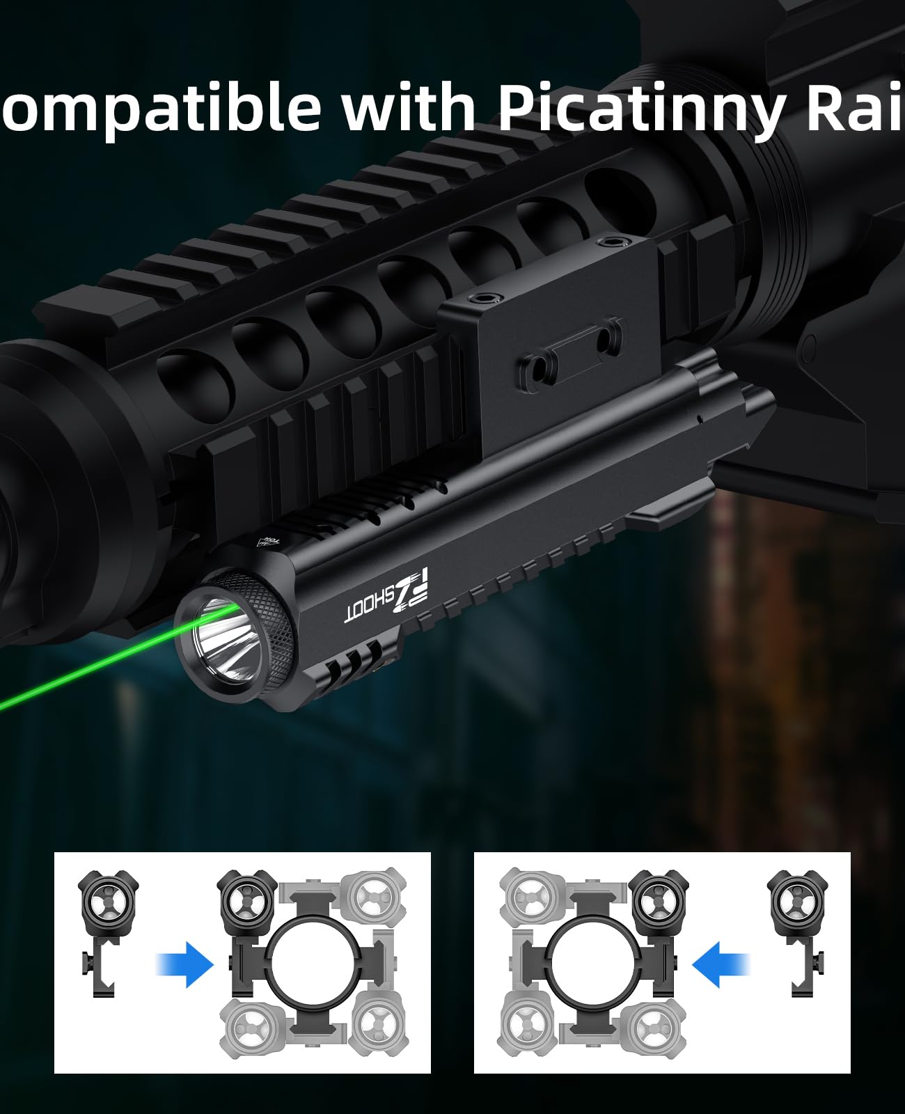 EZshoot 2400 Lumens Rifle Laser Light Combo, Rechargeable Rifle Flashlight Compatible with Picatinny and M-Rail, Tactical Green Light Laser Beam for Rifle with Strobe Mode