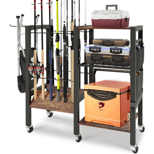 Dobures Fishing Rod Holder, 3-Tier Fishing Pole Rack, Fishing Equipment Organizer Tackle Storage Cart for Garage Organization, Holds up to 12 rods