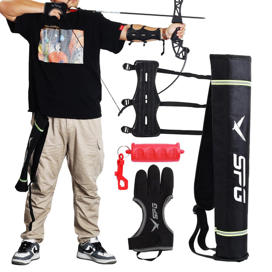 FENJANER 4Pcs Archery Accessories Set - Leather Archery Arm Guard | 3-Finger Archery Gloves | Back Arrow Quiver | Arrow Puller Target Remover - Complete Archery Protective Gear Bundle