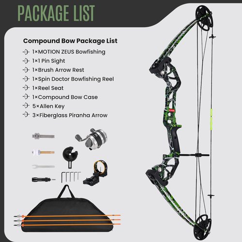 Motion Zeus Bowfishing Bow Kit 15-45 LBS Shoot Right Handed 2023 New Draw Length 18"~29.5" Fully Adjustable (Camo Right Handed Bag)