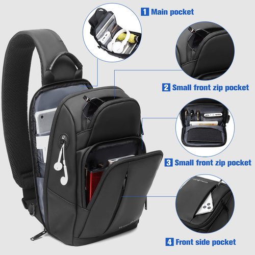 Victoriatourist Sling Bag for Men Women Shoulder Crossbody Backpack Bags With USB Charging Port, Holds 9 Inch Ipad Water Resistant Daily Travel Hiking Chest Bag Casual Daypack, Black