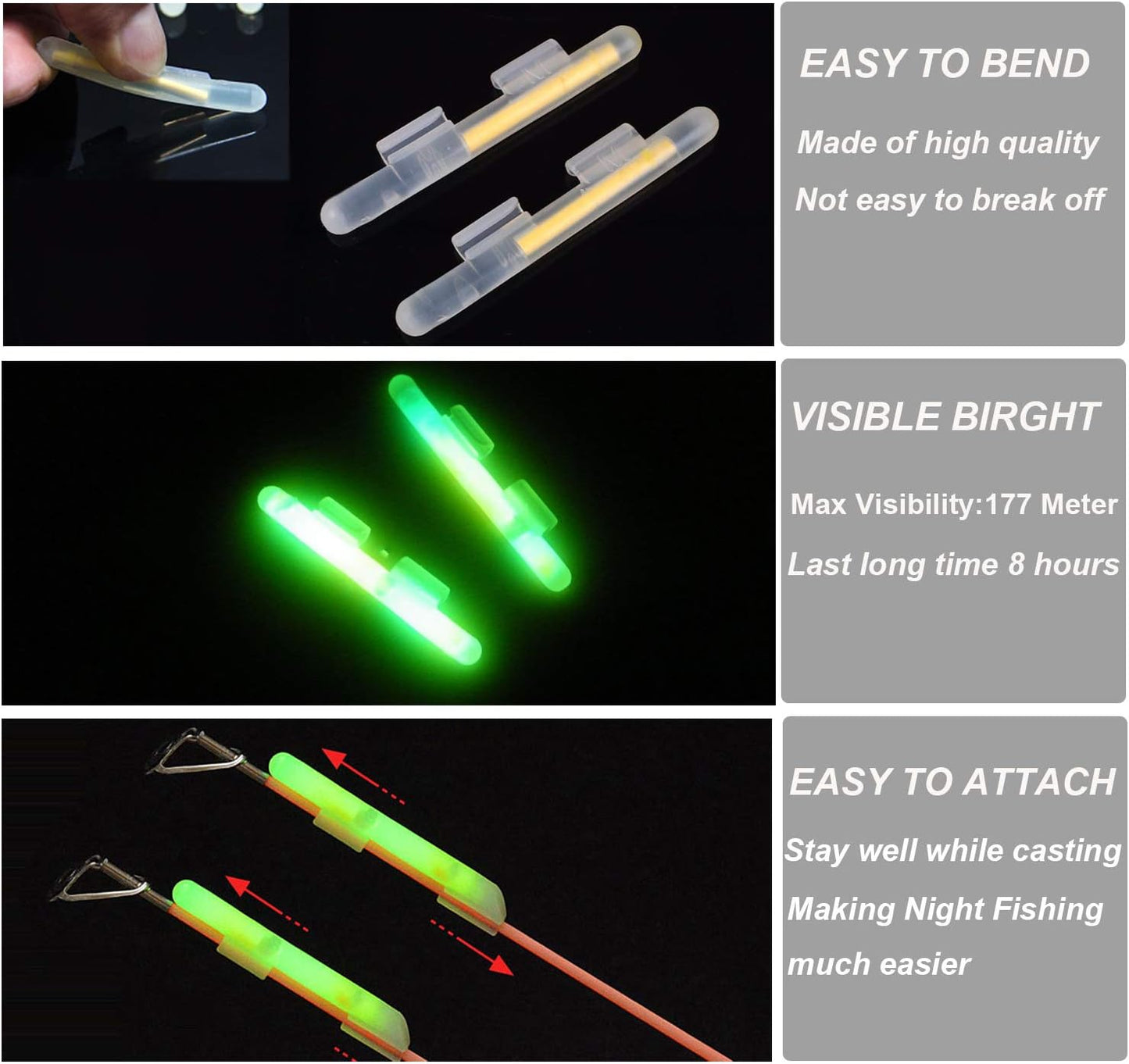 THKFISH Fishing Glow Sticks Rod Tip Glow Sticks Fishing Rod Floats Glow Stick Fishing Rod Night Fishing Light Fishing Green Fluorescent Light 100pcs(50bags) #M #L #XL