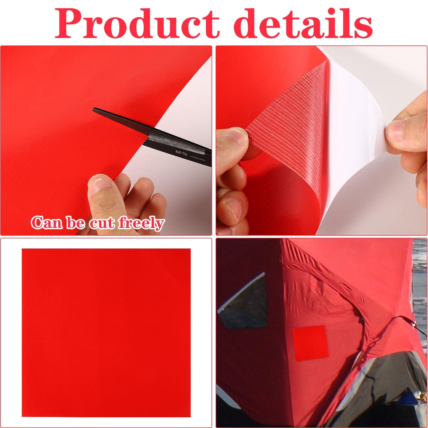 4pcs Tent Patch Kit, 11.81x11.81in Ice Shelter Patch Kit Red Ice Tent Fixer Tear Resistant Ice Fishing Canopy Patch Self Adhesive Ice Fish Shelter Tape Tent Repair Fabric for Ice Tent Umbrella