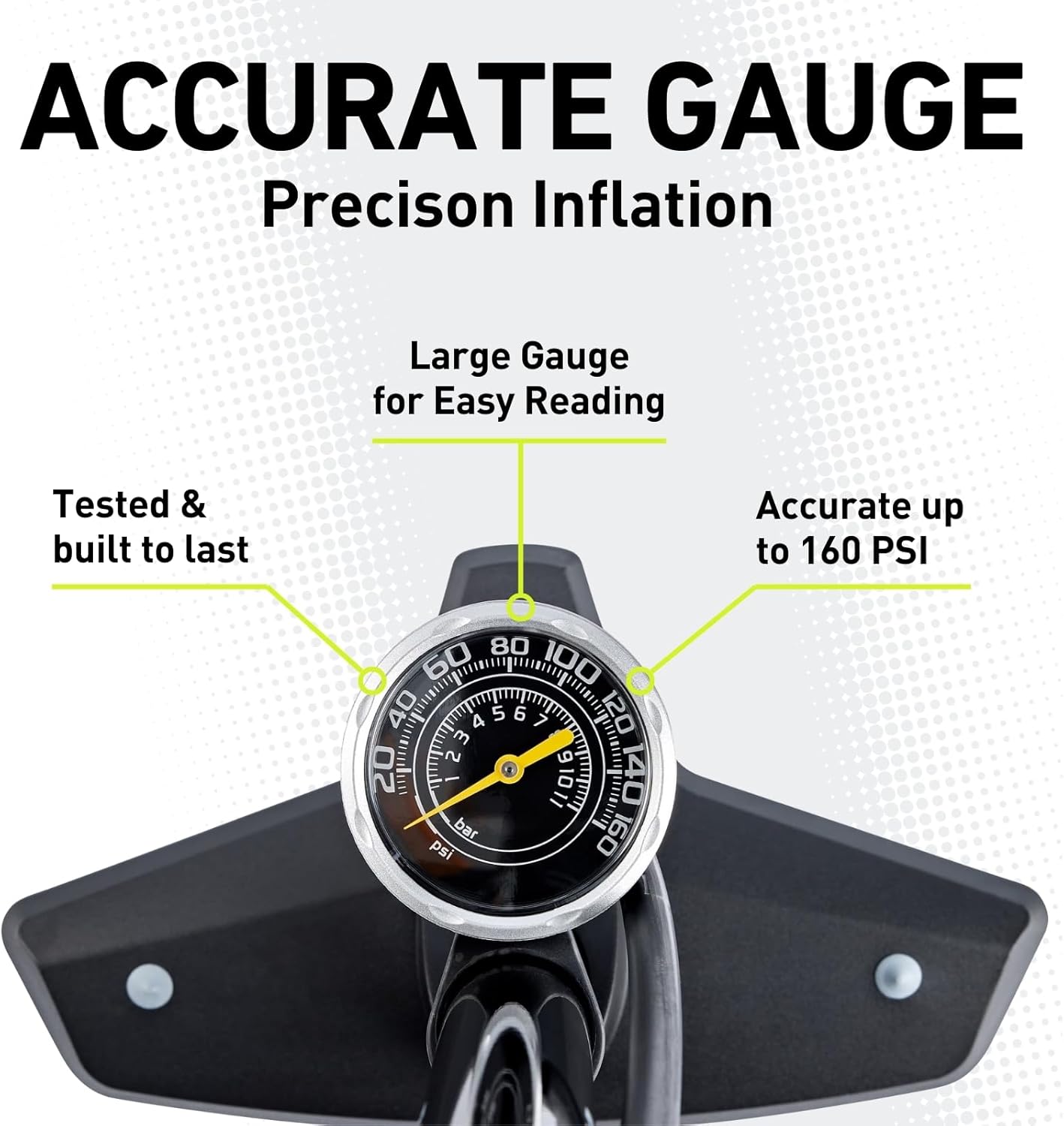 Vibrelli Bike Floor Pump with Gauge - High Pressure 160 PSI, Presta & Schrader Compatible + Glueless Puncture Kit