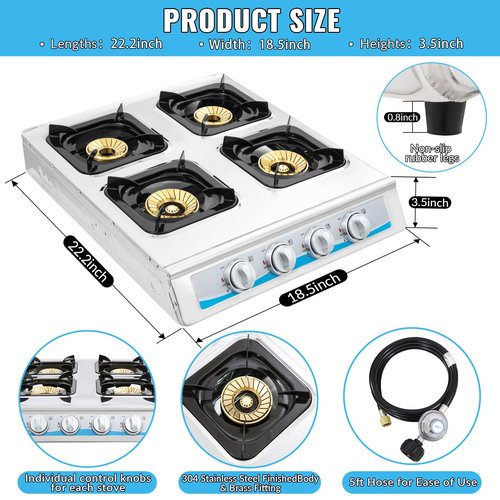 Propane Gas Stove,4 Burner Gas StovePortable Gas Stove Auto Ignition Camping Stainless Steel Stove 4 Burner LPG for RV, Apartment,Outdoor