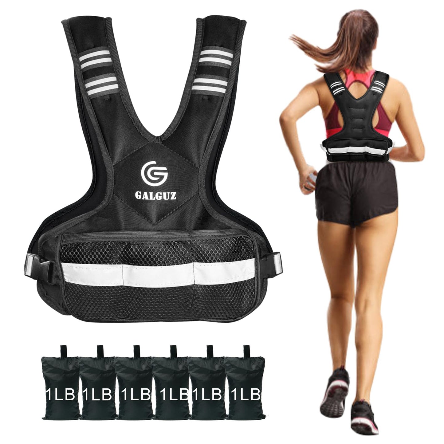 Galguz Adjustable Weighted Vest for Women, 4-10lb Vest with 6 Ironsand Weights for Strength Training, Adjustable Weight Vest with Reflective Strip for Night Use(4-10lb)