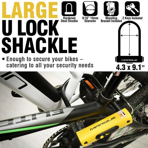 MARQUE U Lock Heavy-Duty Anti-Theft Bicycle Lock, 16mm Shackle with Mounting Bracket and 2 Keys, for Mountain, Electric, Folding Bike, Scooter
