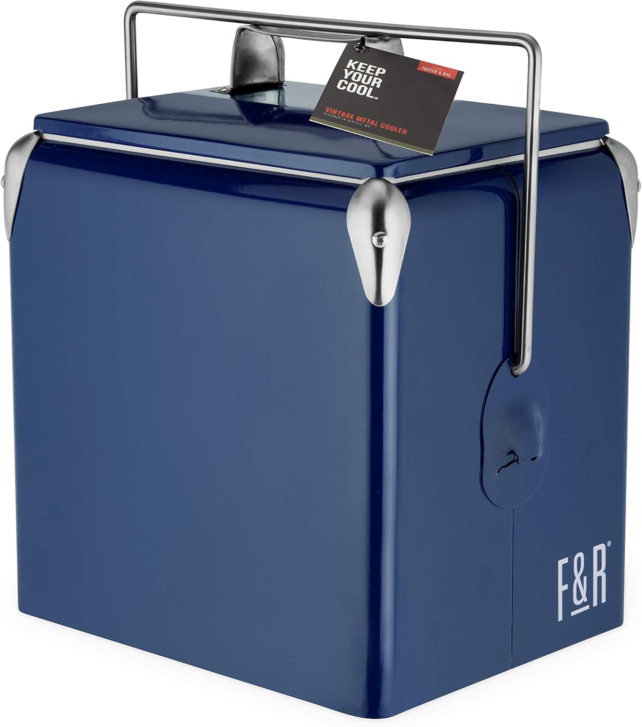 Foster & Rye Stainless Steel Retro Cooler, Vintage Metal cooler, Antique Beverage Chiller and Ice Chest, Plastic Lined Drink Chest, Mounted Bottle Opener, Holds a 6-pack, Red