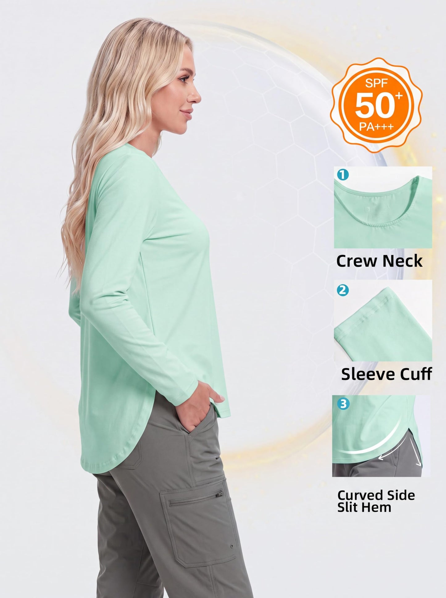 Women's UPF 50+ UV Sun Shirts, Loose Fit Long Sleeve Hiking Top Light Green