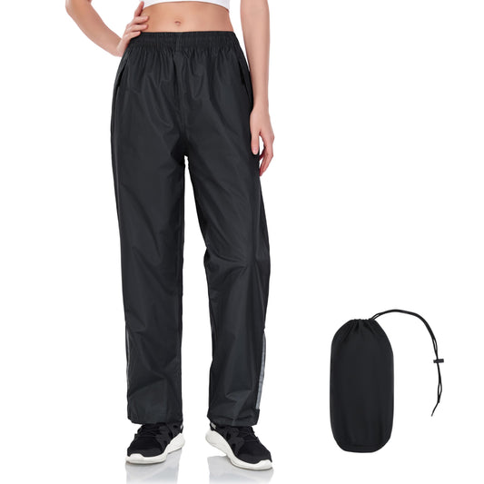 JAEZZIY Women's Rain Pants Waterproof Lightweight Packable Rain Pants Women Windproof Hiking Pants for Outdoor, Fishing (Black M)