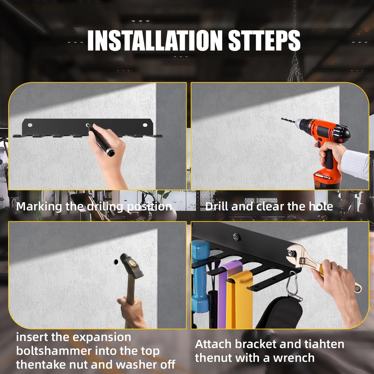 EVERYMATE Multi-Purpose Gym Equipment Storage Rack Heavy-duty 8 Hook, Home Gym Accessories Storage Rack, Barbell Holder Weight Racks for Resistance Bands Jump Ropes Carabiners Included（2PCS