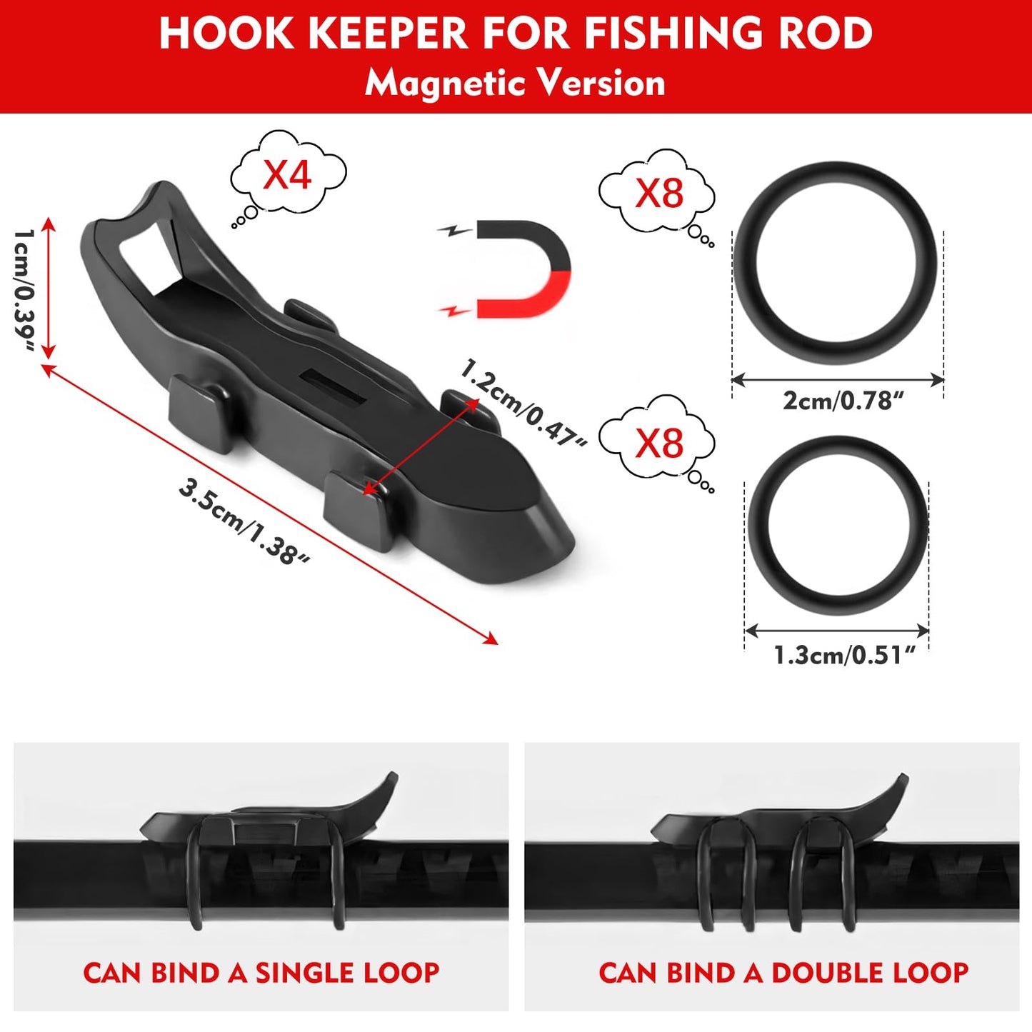 Hook Keeper for Fishing Rod, [4Pcs] Magnetic Fishing Hook Keeper, HK2F Fishing Bait Holder with 2 Sizes Rubber Rings, Fishing Hook Holder Quick Installation