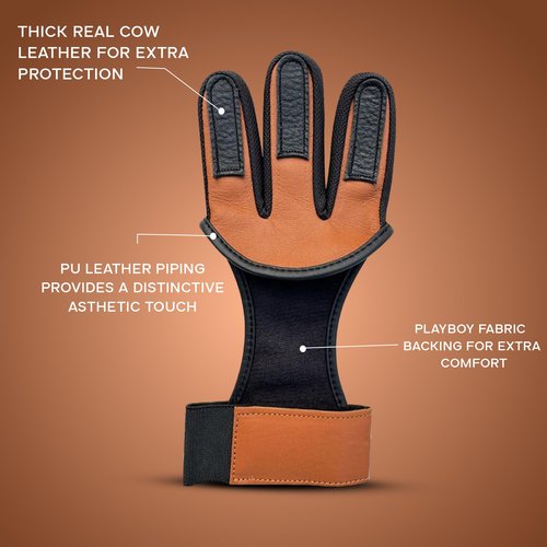 Hunt & Seek Cow Leather Thick Three Finger Archery Shooting Glove for Recurve & Compound Bow – Finger Tab Accessory (Windsor Tan, Medium)