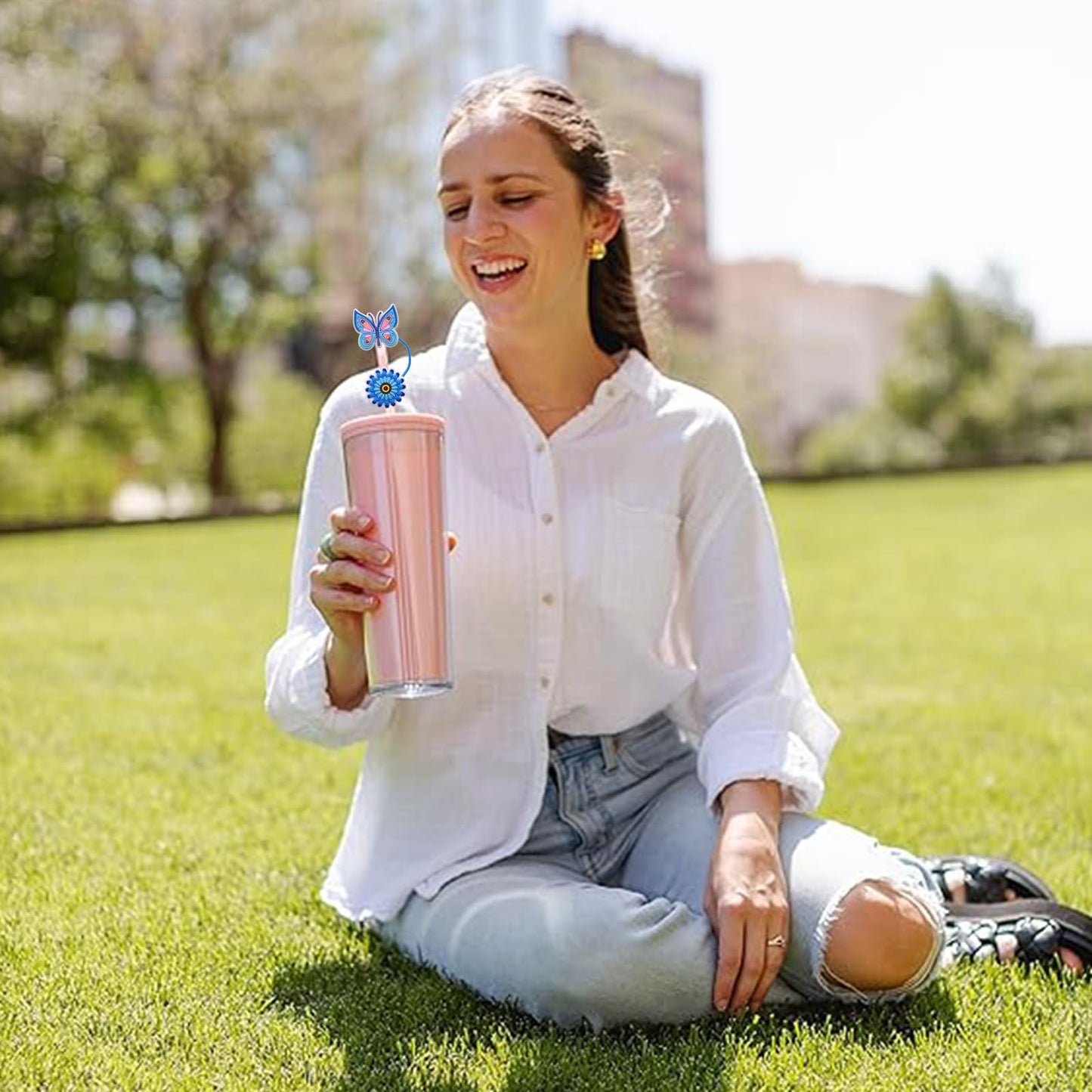 Amreich 8mm Butterfly Straw Cover - Cute Flower Design Straw Toppers for Simple Modern and Hydro Flask Tumblers Accessories