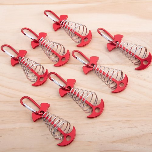 CHANGE MOORE Aluminum Deck Tie Down Spring Windproof Tent Stakes, Camping Outdoor Fishbone Tent Anchors Tent Rope Red Deck Anchor Pegs with Red Carabiners (7Pcs)