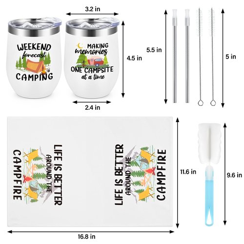 LiqCool - 2 Pack Camping Tumblers with Kitchen Towel Set, Cool Camping Gifts for Men, Women, Couples, Outdoor Gifts for Picnics, Hiking, RV Campers, Birthday, Christmas 12 Oz