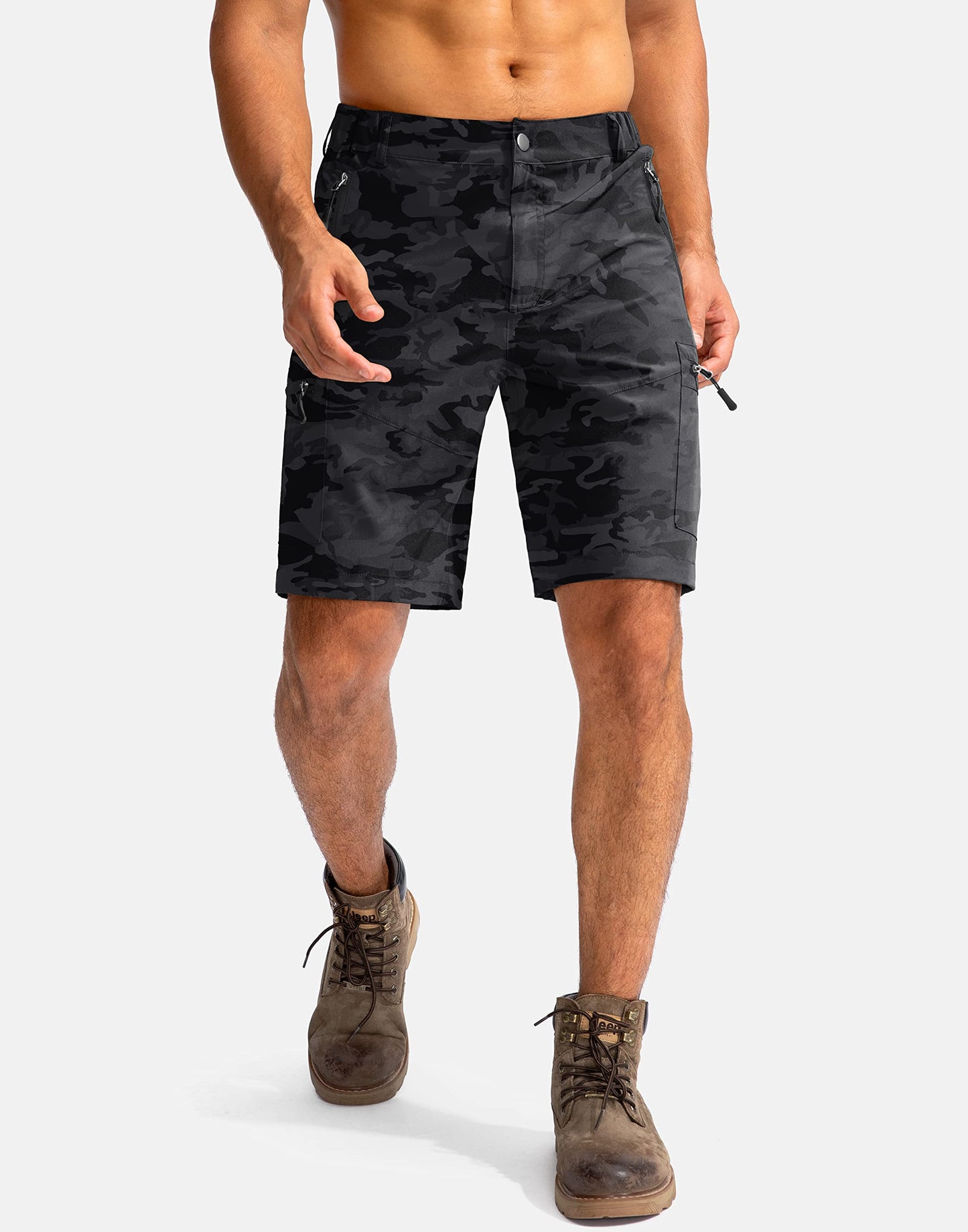 Pudolla Men's Hiking Cargo Shorts 9" Lightweight Outdoor Work Shorts for Men Travel Golf Camping Casual with 5 Zipper Pockets(Black Camo XX-Large)