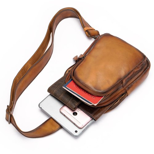 NIUCUNZH Genuine Leather Sling Bag, Handmade Vintage Crossbody Shoulder Bags Small Travel Pack for Women and Men Brown
