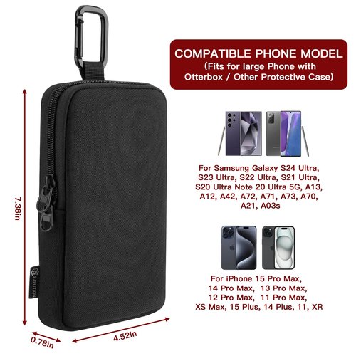 CaSZLUTION Backpack Strap Pouch Phone Holder - for Large 6.5-7.1 Inch Phones Even with Large Cases, Backpack Shoulder Strap Attachment Bag for Hikers, Travelers, Hunters and Commuters - Black (L)