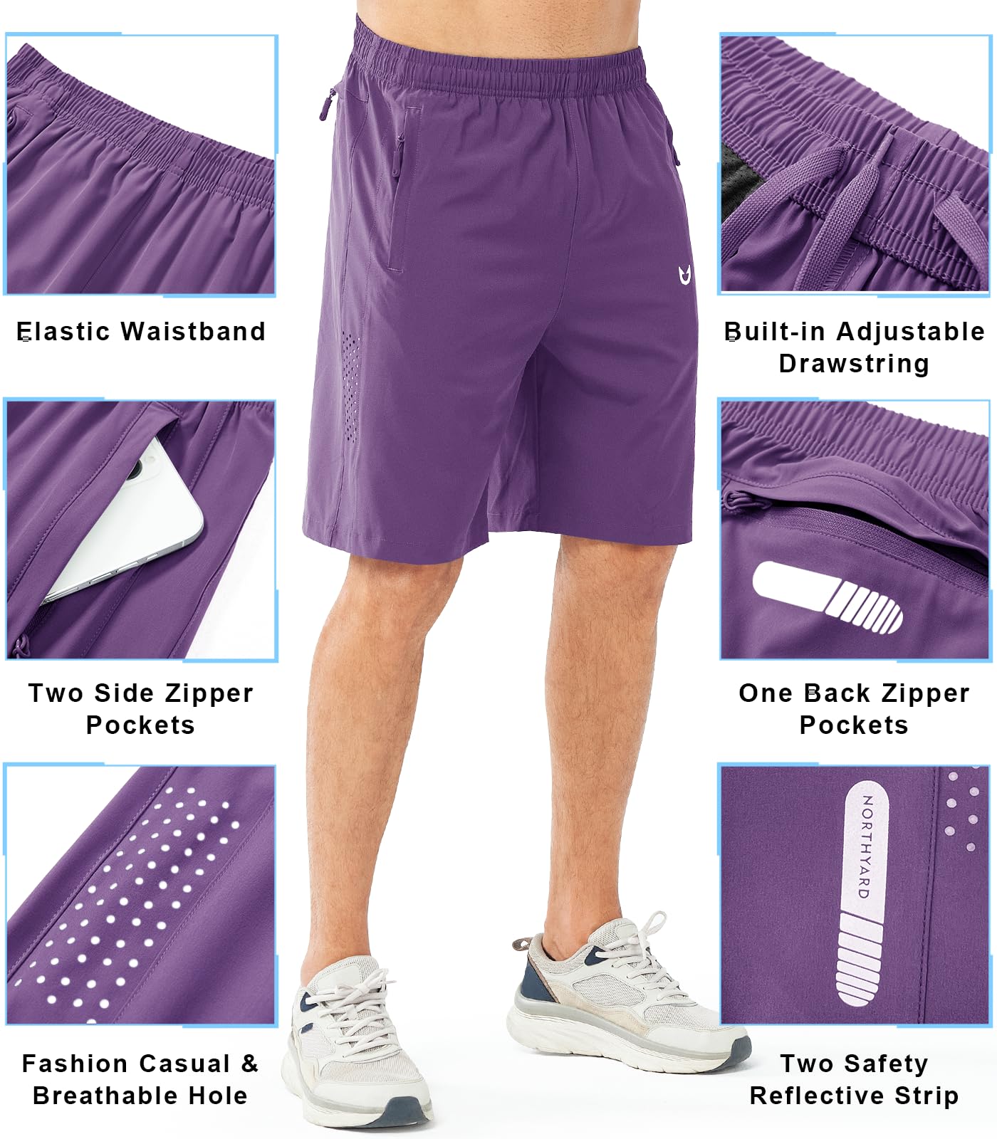 NORTHYARD Men's Athletic Running Shorts Gym Workout 7"/9"/5" Quick Dry Lightweight Sports Basketball Tennis 3 Zipper Pockets PURPLE-9inch L